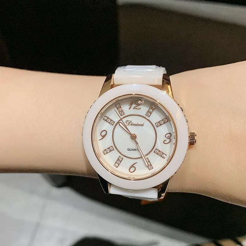 DINIMI new fashion simple ceramic belt watch with casual temperament Light luxury personality women quartz watch