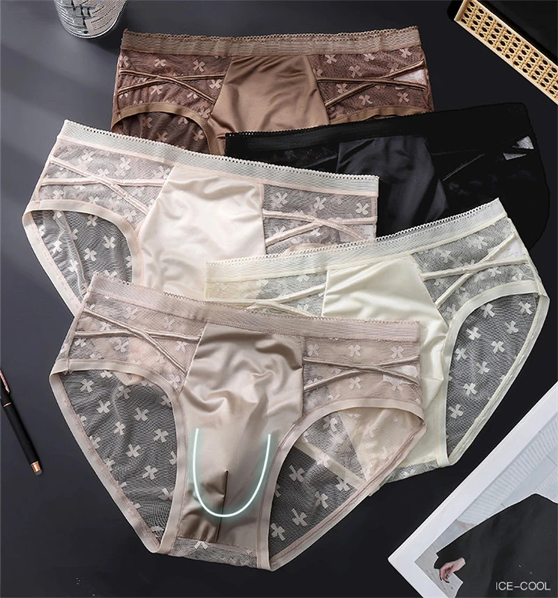 Men's underwear Ice silk calzoncillos hombre satin mesh cuecas masculino 3D bag double-layer sexys tøy for men cross belt cueca
