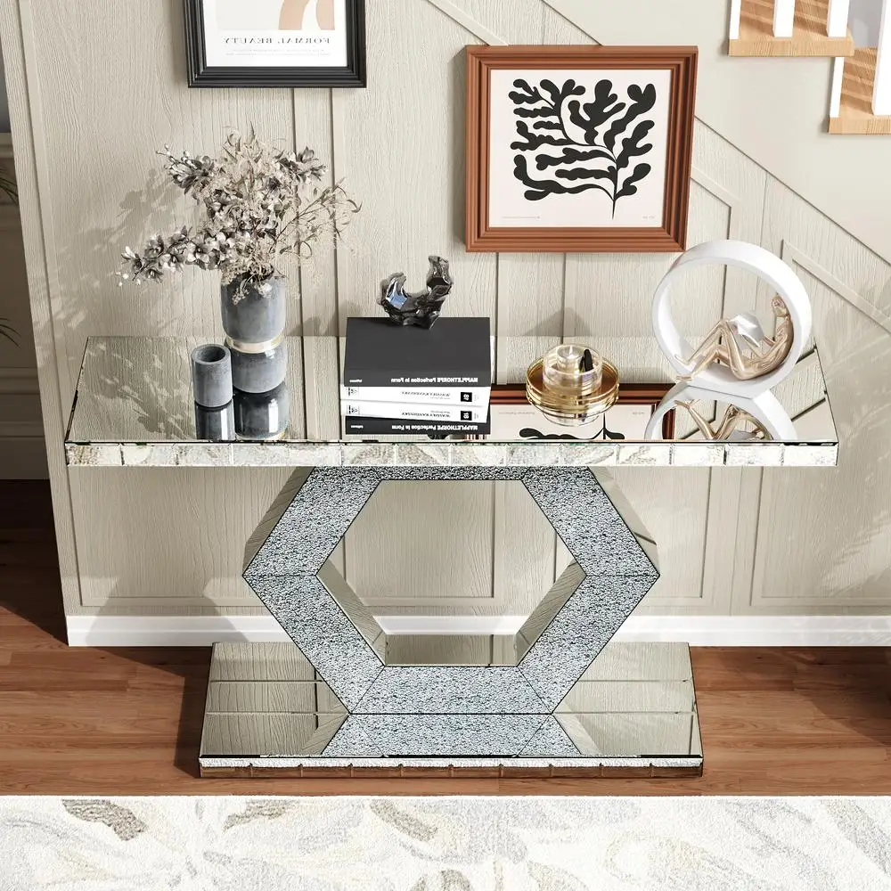 Mesa de console com espelho hexagonal de cristal com camada dupla de 55 polegadas moderna entrada de hall lux diamante vidro espelhado