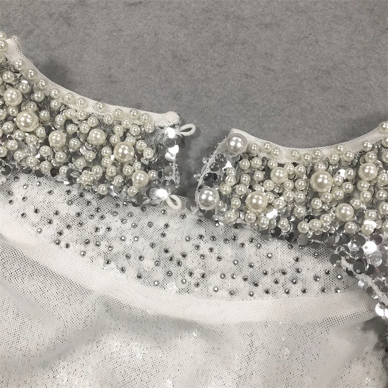 لامعة الفضة الترتر اللؤلؤ فستان الحفلة الراقصة مثير الجوف كامل الأكمام طويلة القوس الزفاف الرسمي مساء رداء مأدبة فستان زفاف