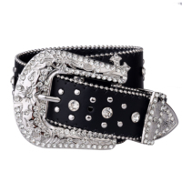 Black Cross Rivet Belt Engraved Buckle Rhinestone Decor PU Belt Hip Hop Jeans Pants Belt Punk Western Cowboy Cowgirl Belts