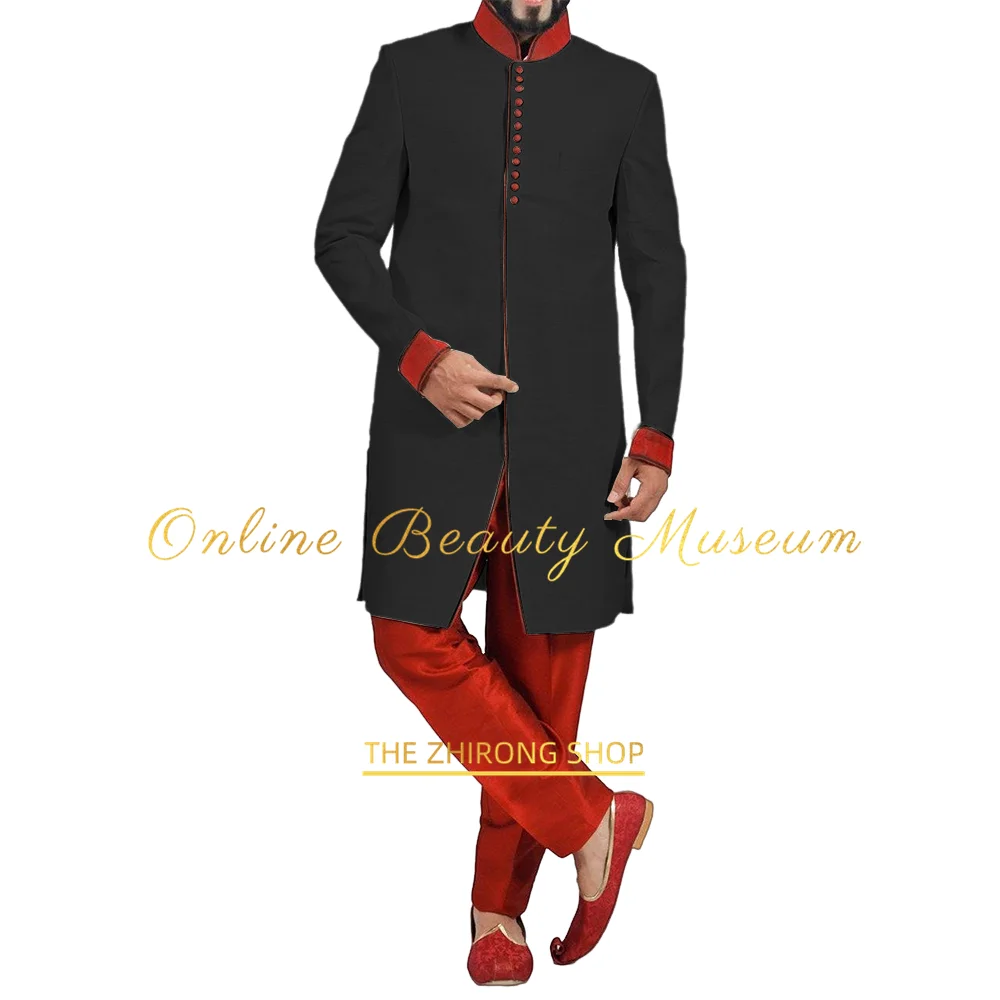 Men\'s 2-piece formal suit (jacket+pants) red African/Indian style overcoat wedding events prom birthday party Xmas custom attire