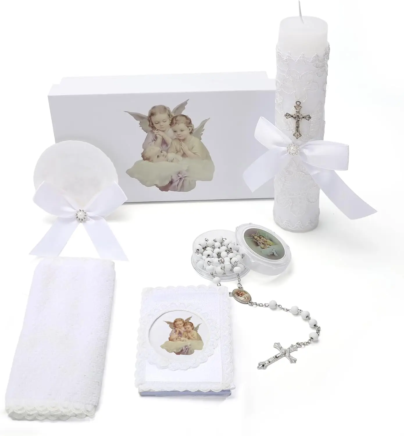 

Baptism Candle Set for Boys and Girls,5 PCS Baptism Kit Catholic Candle,Baptismal Towel,Shell,Rosary