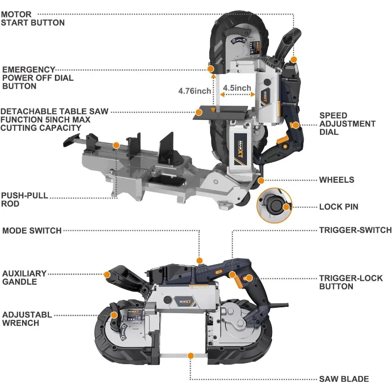 MAXXT Bandsaw with Table Saw, 10 Amp 5 Inch Deep Cut Band Saw with Lightweight Aluminum Base, Variable Speed Handheld Automatic