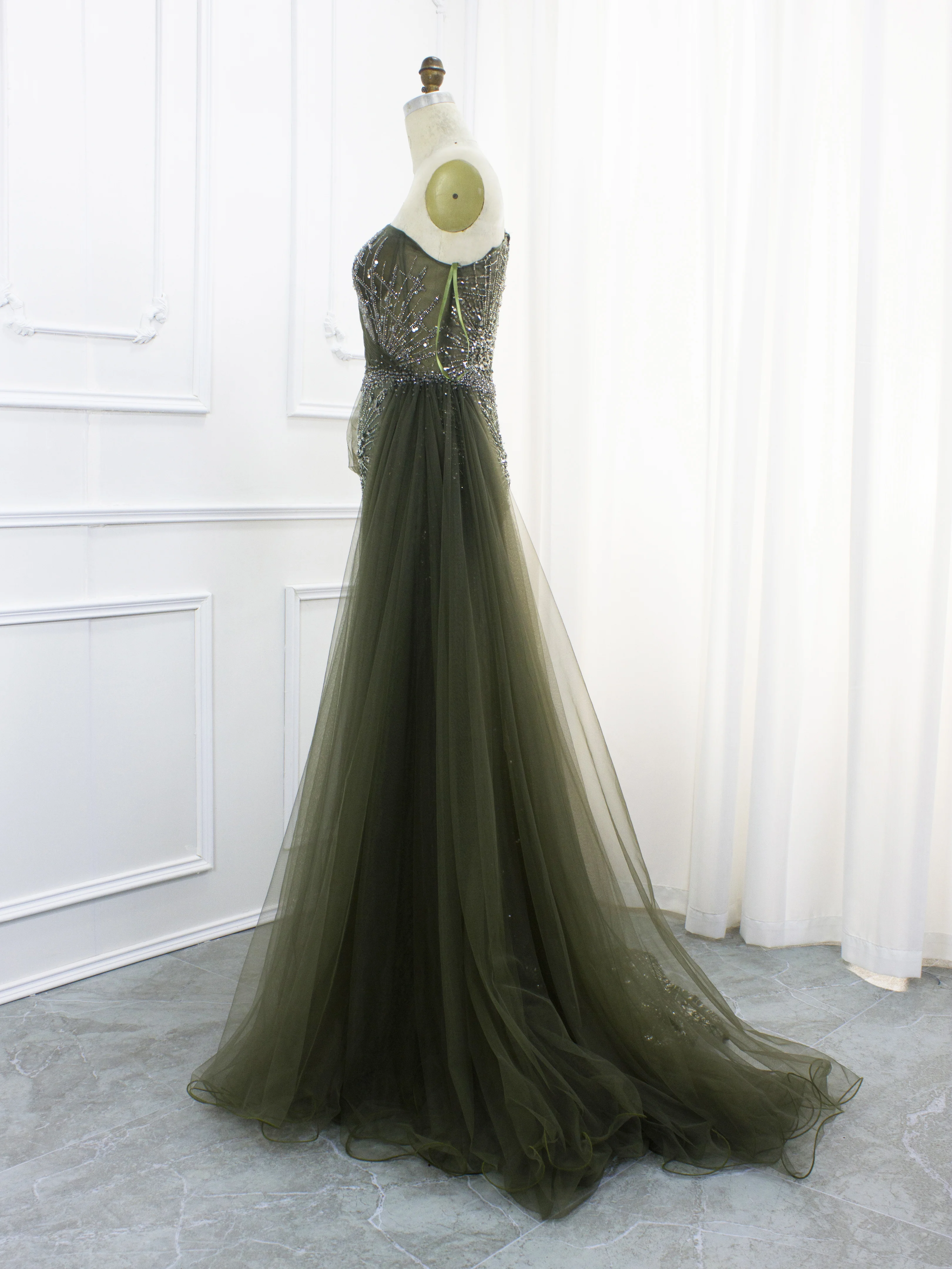 Hot Sale One Shoulder Sleeves Green Evening Dresses Luxury Beaded Cape Skirt Formal Gowns 2024 For Women Party With Best Price