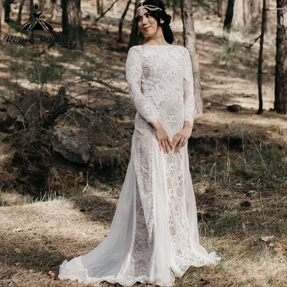

Boho Beach Lace Wedding Dresses Mermaid Long Sleeves Bateau Boat Neck Wedding Gowns Sheer Open Back Female Wedding Bridal Dress
