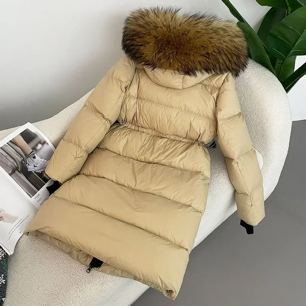 Damski płaszcz zimowy 2025, nowy, z białego puchu kaczego, prawdziwym futrem lisa i prawdziwym futrem szopa pracza, długi, z kapturem, dopasowany, ciepły, kurtka damska, casualowa moda.