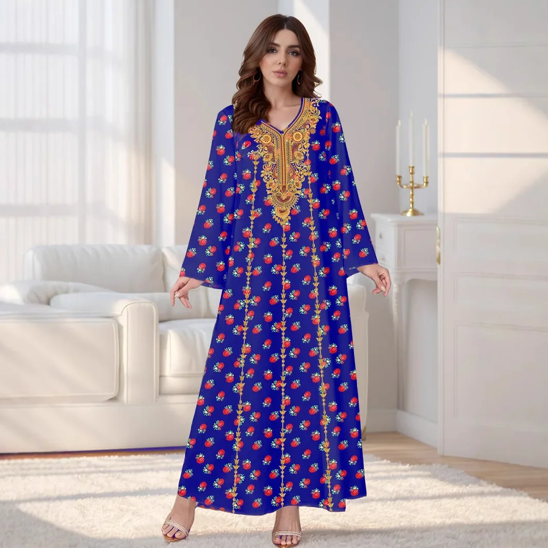 

Women's Fashion V-Neck Printed Dress Muslim Middle East Robe Saudi Arabia Dress Abaya Robe