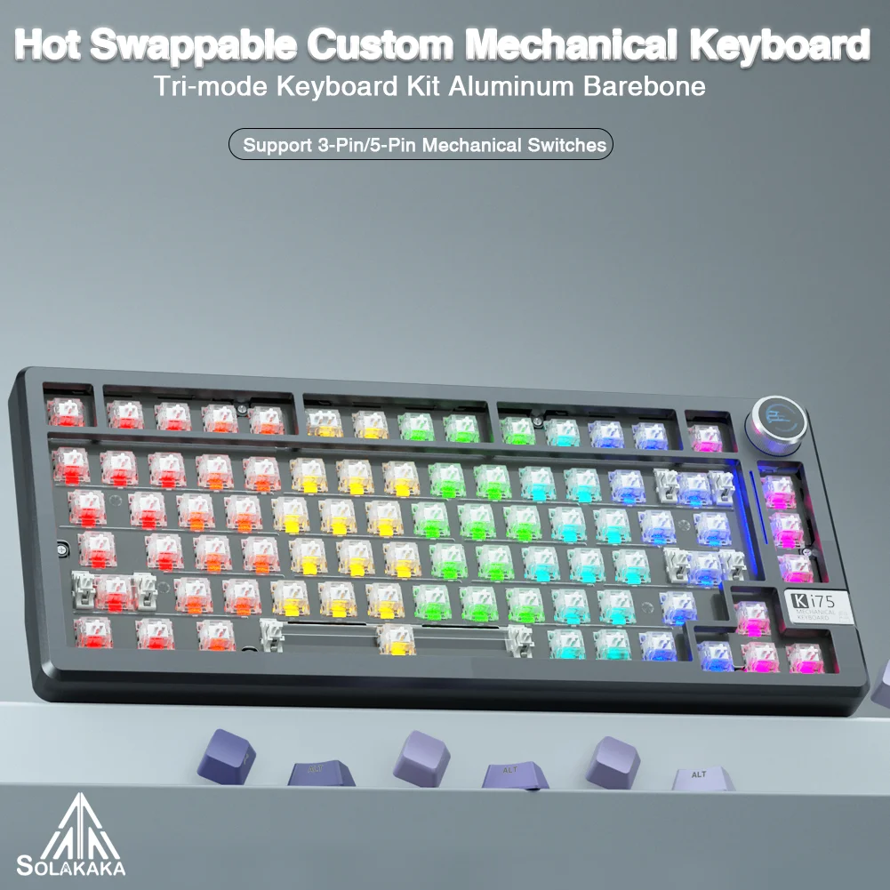 

SOLAKAKA Ki75 Tri-mode Mechanical Gaming Barebone Kit 3/5Pin Hot Swap 81 Keys RGB Gasket Mount Aluminum Case DIY Keyboard Kit