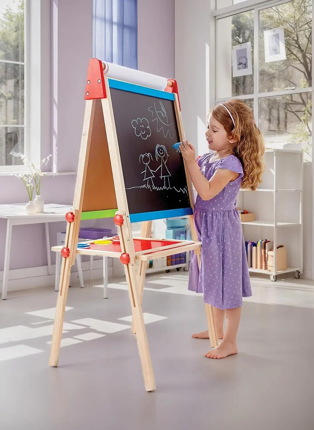 Adjustable Kids Drawing Easel with Chalkboard, Whiteboard & Paper Roll - Includes 3 Paint Pots
