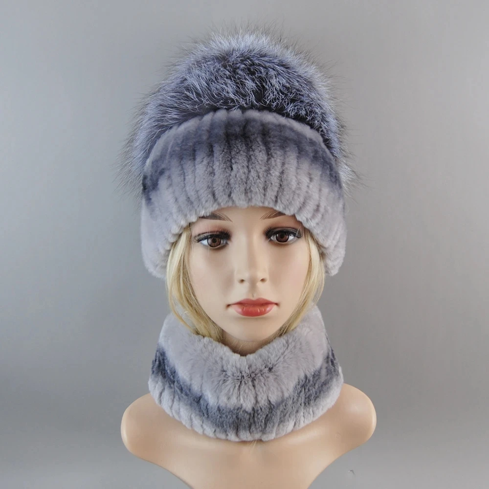 2024 Women Natural Real Rex Rabbit Fur Ring Cap Real Fur Scarves Hats Winter Lady Brand Hand Make Real Silver Fox Fur Hat Scarf