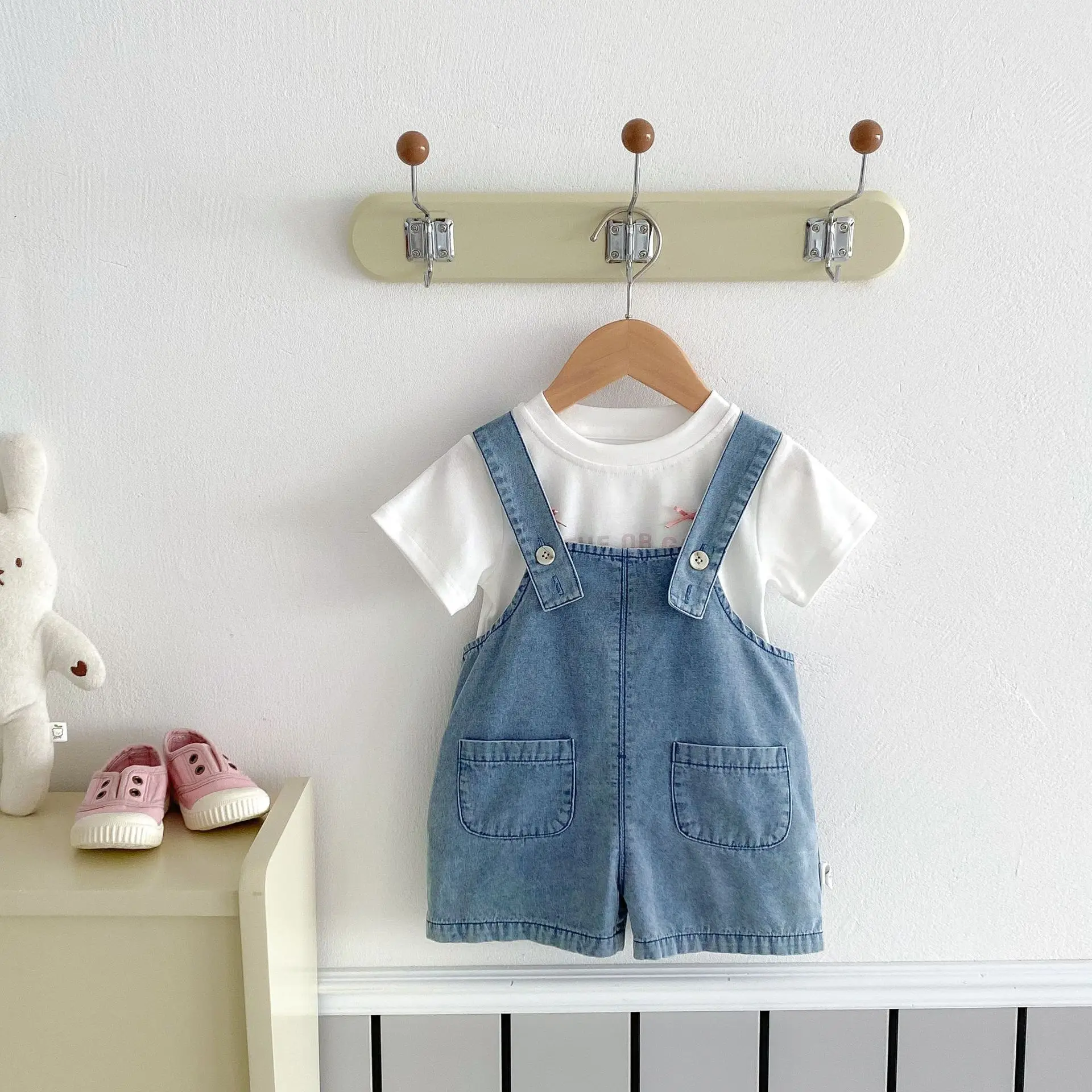 Summer Girl Baby Rabbit Ears Overalls Girls Children Loose Cute Jeans Baby Retro Casual Suspenders Pants Kid Cotton Mid Trousers