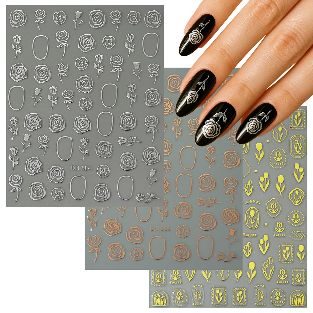 

Spring Summer Metallic Rose Tulip Nail Art Stickers – 3D DIY Floral Decals for Manicure Decoration