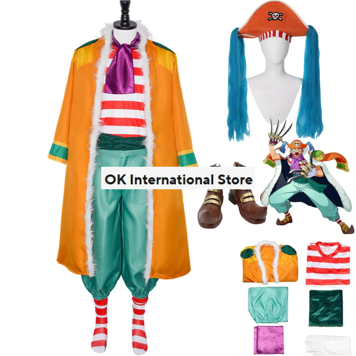 

Anime Buggy Cosplay Costume Bara Bara No Mi Chop-Chop Fruit Wig Hat Yellow Cloak Stripe T-shirt Shoes Adult Man Christmas Suit