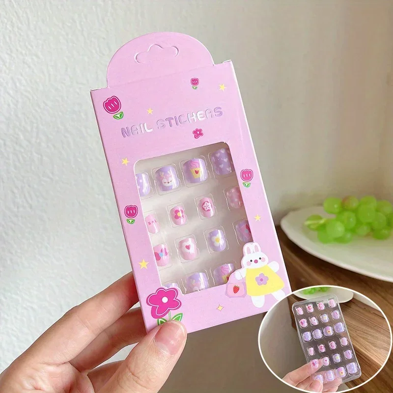 24개입/박스 어린이용 탈부착 가능한 네일 스티커 만화 귀여운 자가 접착 젤리 글루 달콤한 공주 네일 스티커