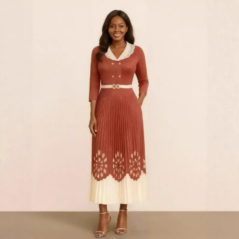 미야케 플리츠 플러스 사이즈 여성용 긴 소매 우아한 패치워크 플리츠 허리 조임 드레스 공식 행사 출퇴근 유럽 스타일