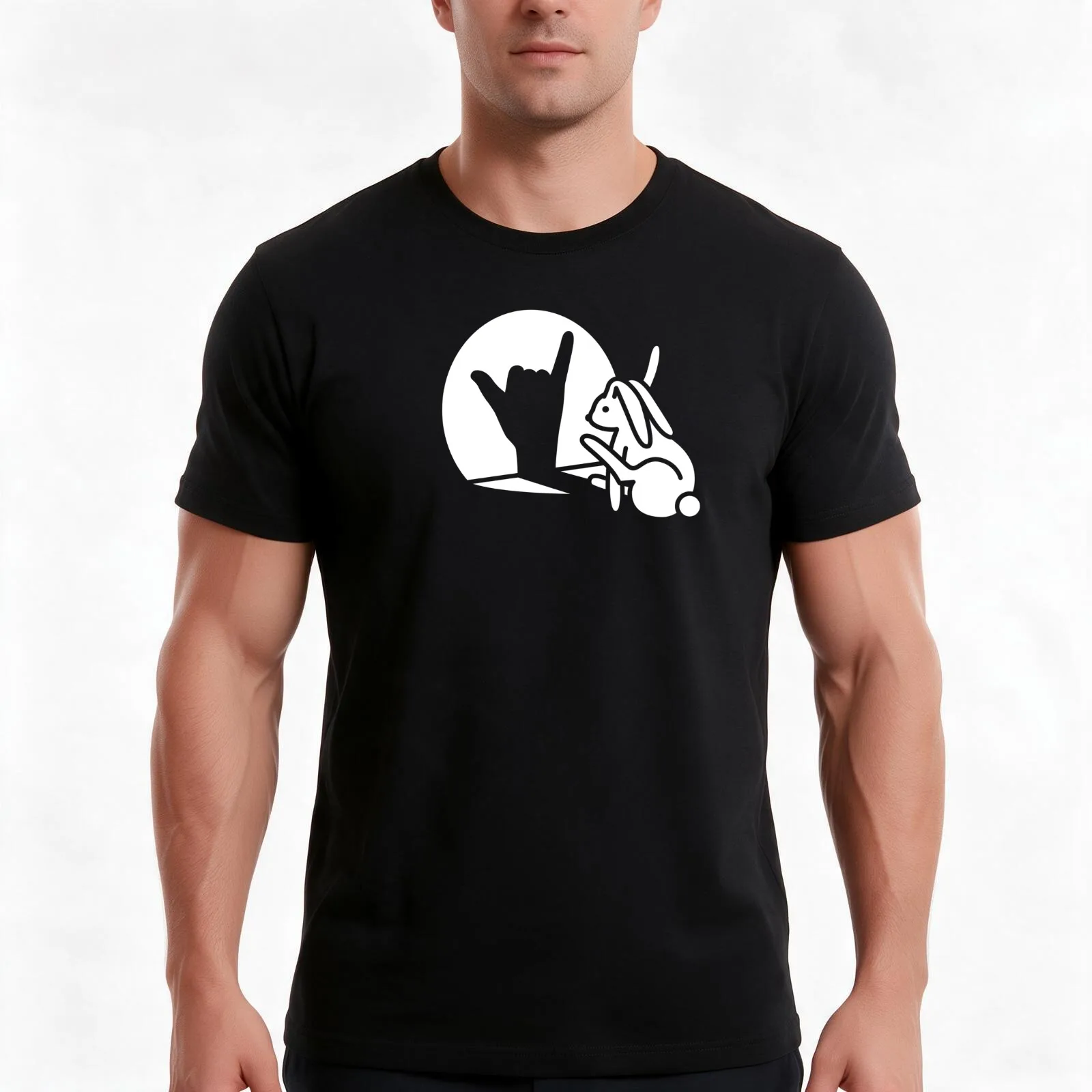 Rabbit shadow hand 'Call You' hand sign language T-Shirt, Summer Casual Cotton Tee, Oversized Streetwear Tops, Unisex Men Women