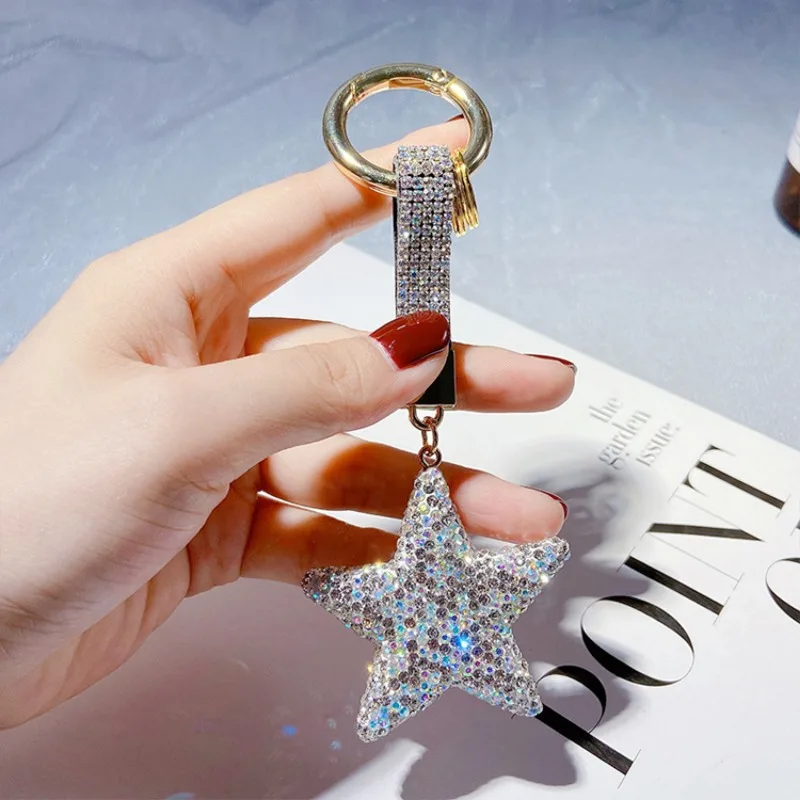 Creative full diamond five pointed star keychain with double-sided clay inlaid diamond bag pendant, couple keychain