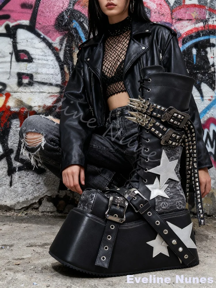 Square Toe Super High Heeled Platform Boots Women Punk Spiked Skull Five-star Print Knee High Boots 2026 New Cool Gail Long Boot