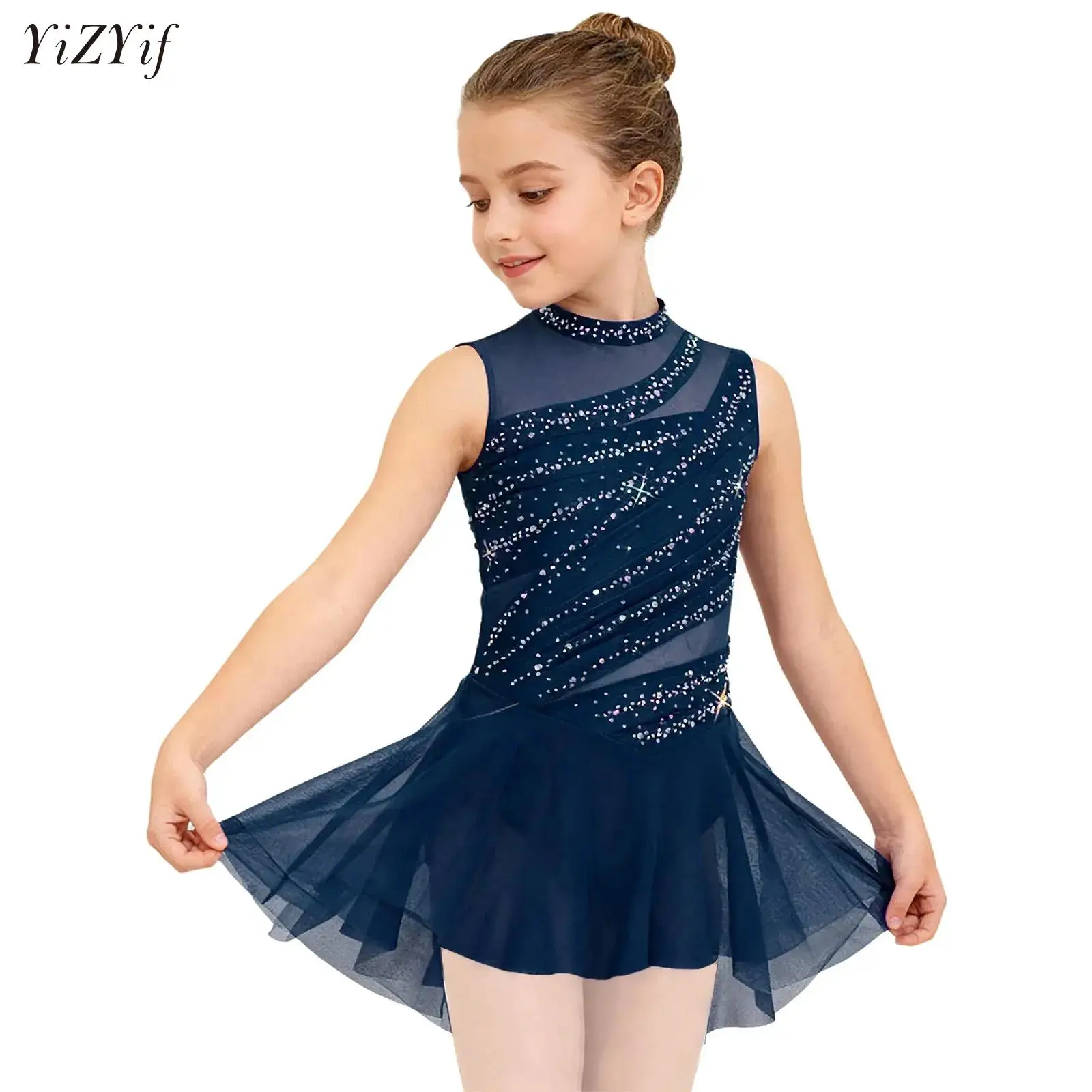 

Kids Girls Figure Skating Ballet Lyrical Modern Dance Dress Stage Costume Sleeveless Sheer Mesh Overlay Skirted Leotard Bodysuit