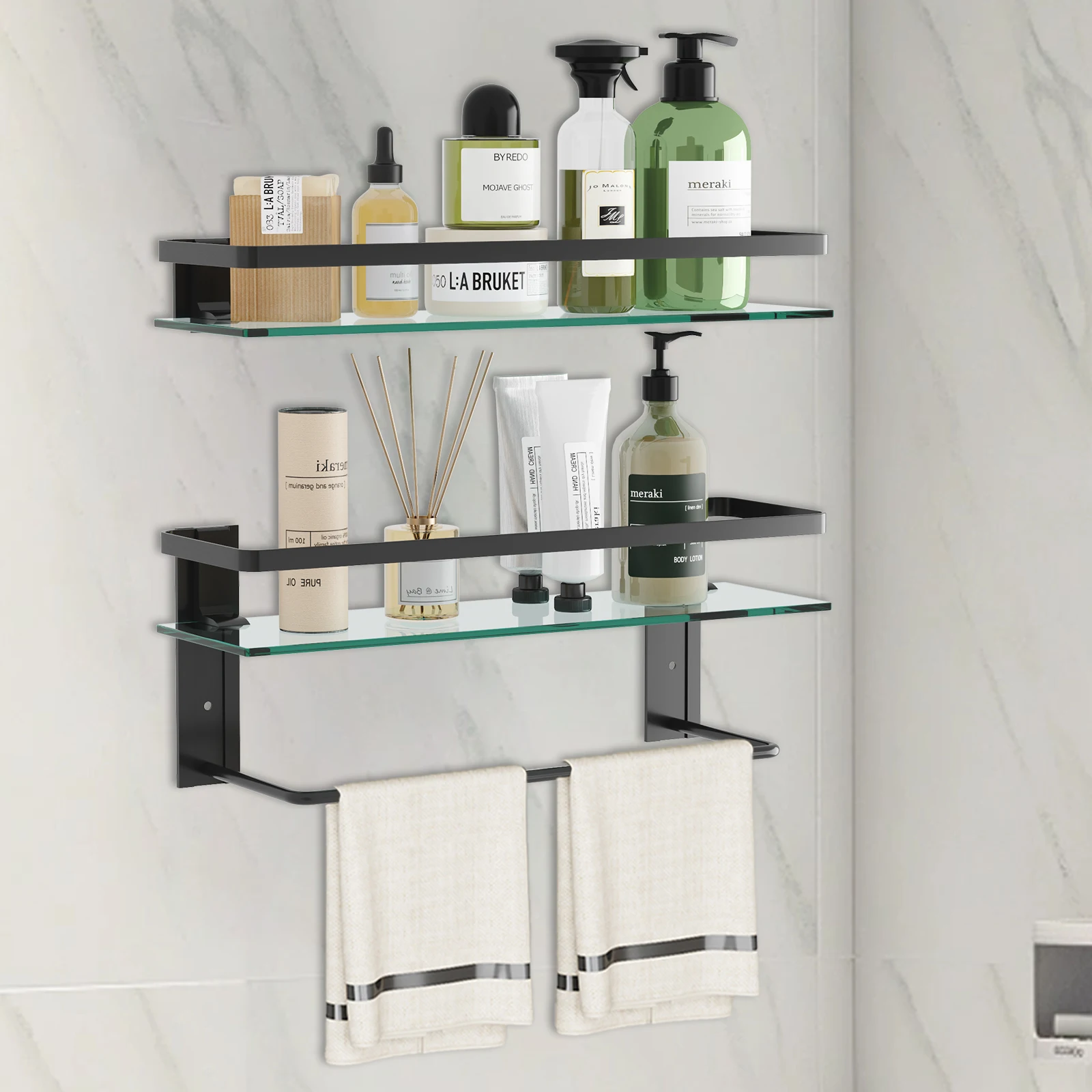 

Glass Bathroom Shelf with Towel Bar 15.7in Bathroom Wall Shelves Rustproof Metal Bathroom Wall Organizer 2-Tier