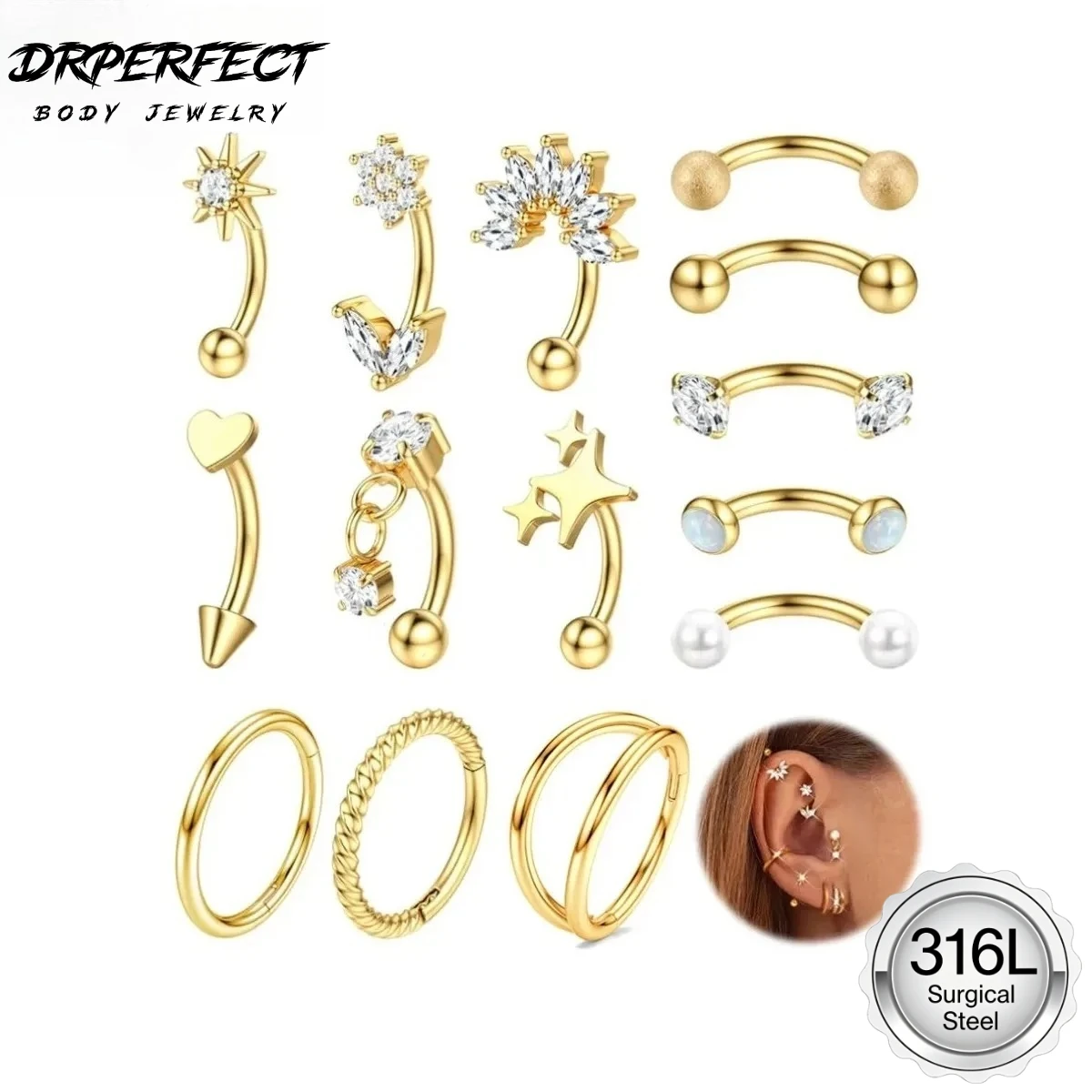 Drperfect, 1 pieza, Piercing para cejas Rook, aros de hélice planos de 16G, barra curva Vertical de acero inoxidable, joyería para tabique Daith Conch