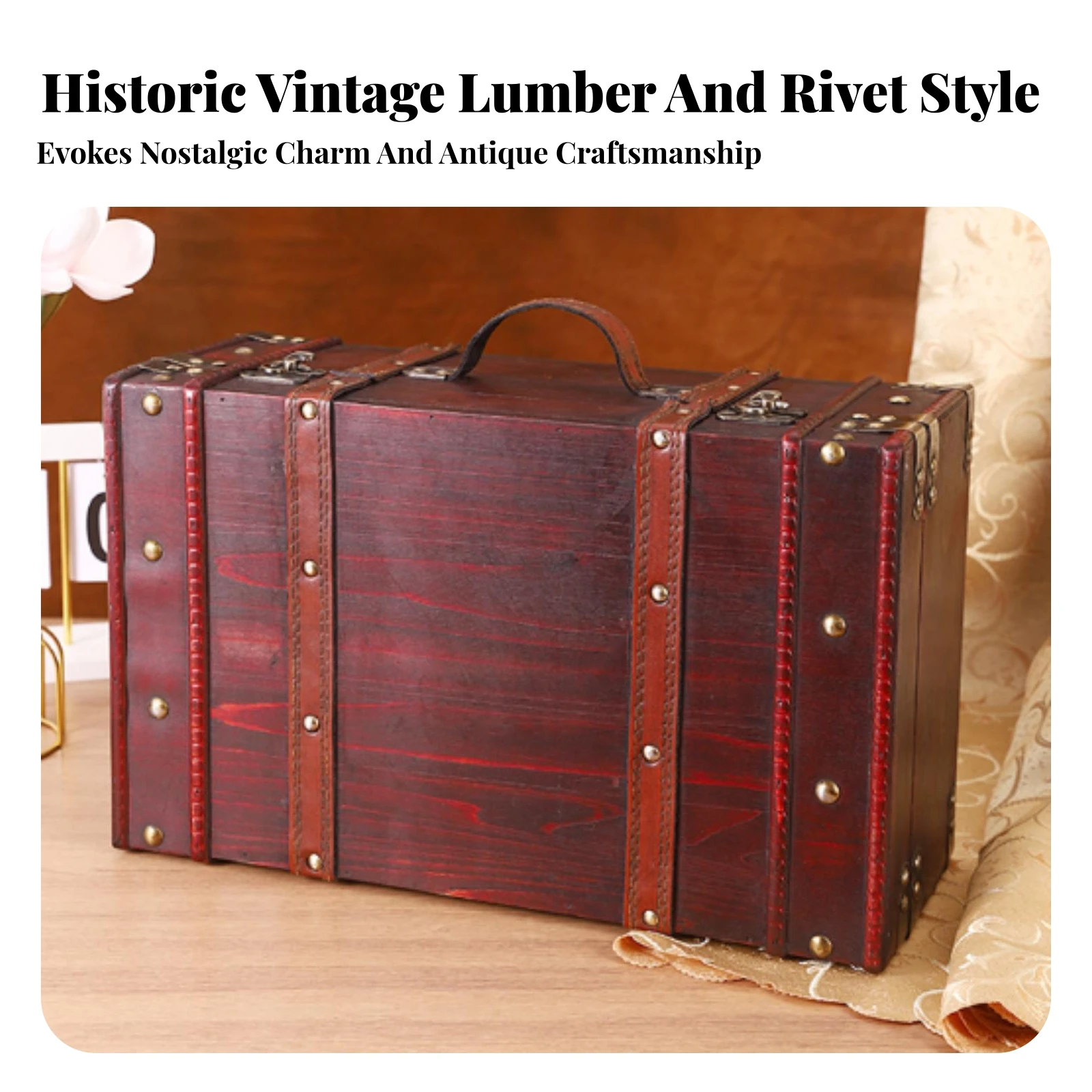 Vintage Wooden Suitcase Stylish Wooden Storage Chest Storage Suitcase with Handle Functional Decorative Trunk Practical