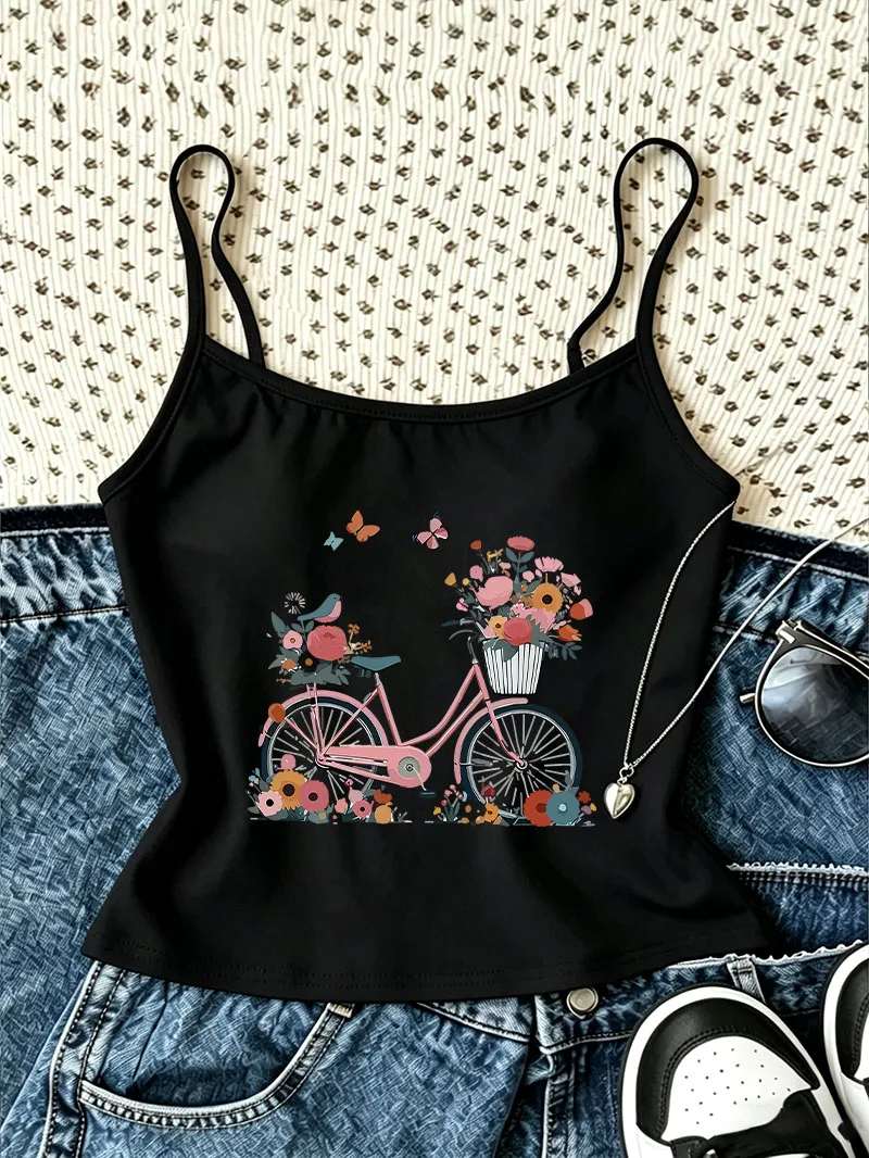 Casual Bicycle with Flower Print Crop Top Camisole Top Retro Vest Spring Summer 90s Y2k Women'S Tank Top Clothes