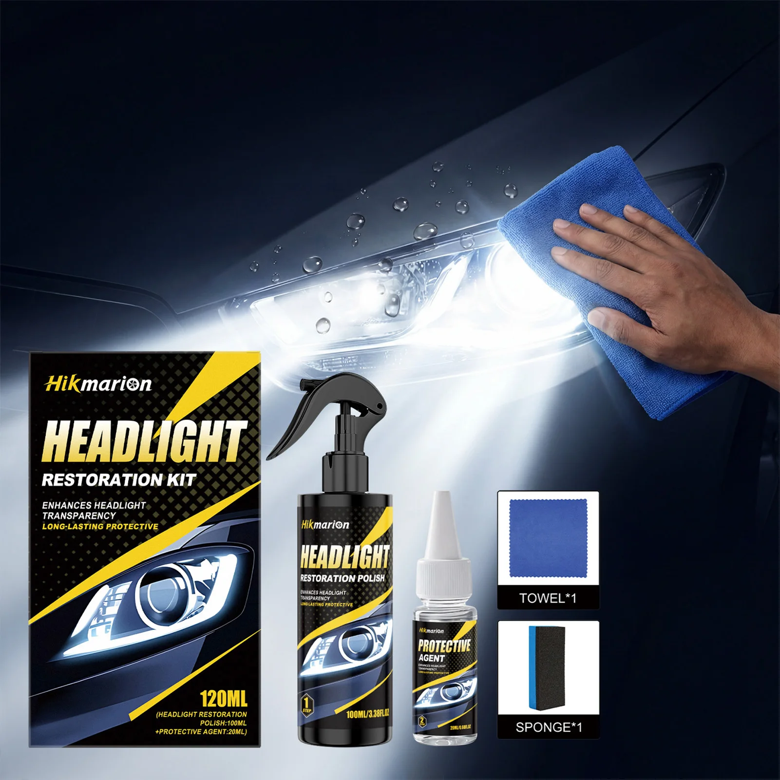 Car Headlight Restoration Kit for Yellowing and Haze Removal Improves Lighting Clarity with Scratch Resistant Formula for Daily