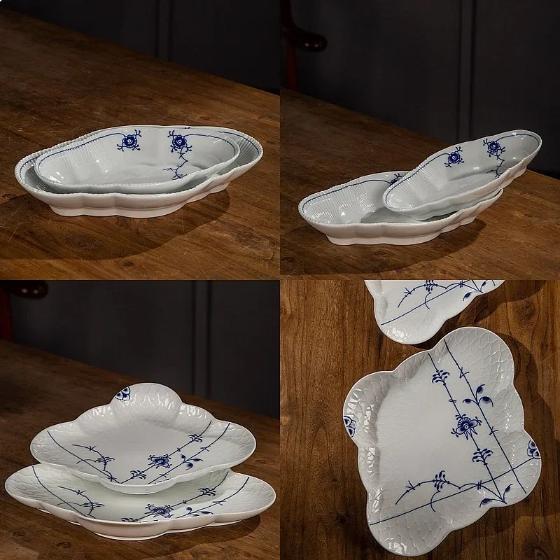Blue White Handpainted Ceramic Plate Retro Tang Grass Pattern Ruyi Oval Dish Hotel Commercial Appetizer Plate