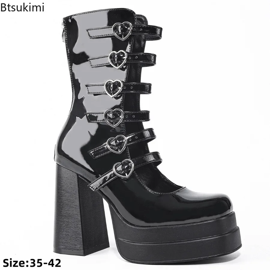 New Sweet Painted Leather High Heels Chunky Heel Waterproof Platform Shoes Heart Buckle Back Zipper Spicy Solid Hollow Out Pumps