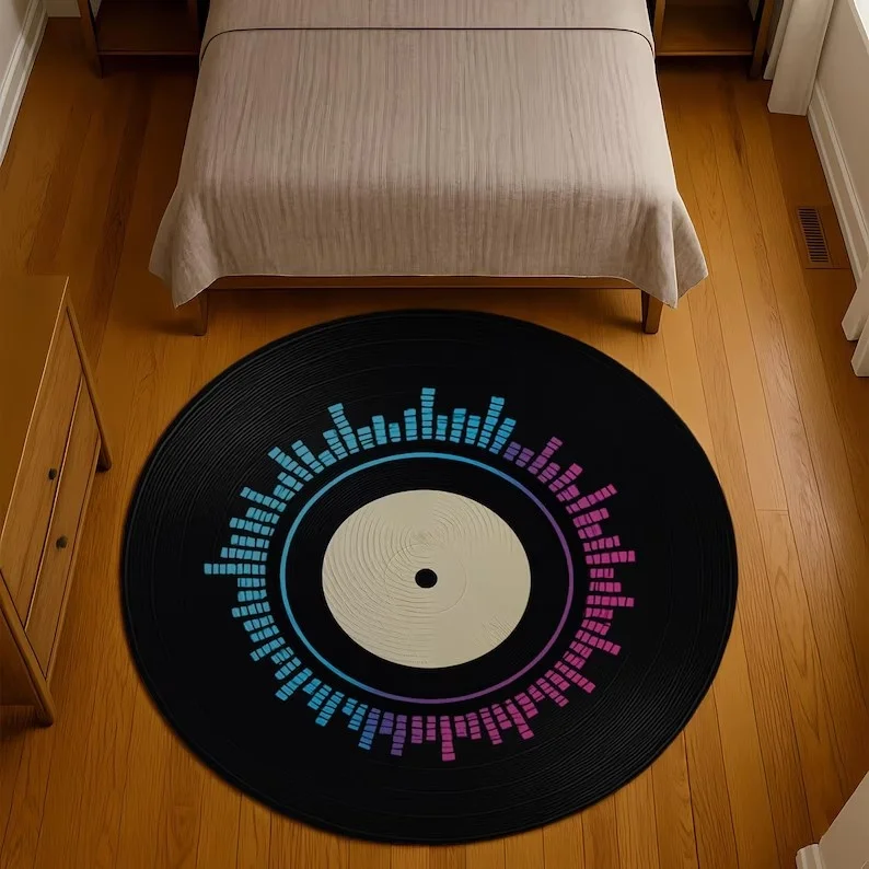 Record Round Rug – Colorful Retro Turntable-Inspired Carpet for Music-Themed Living Room & Bedroom Decor