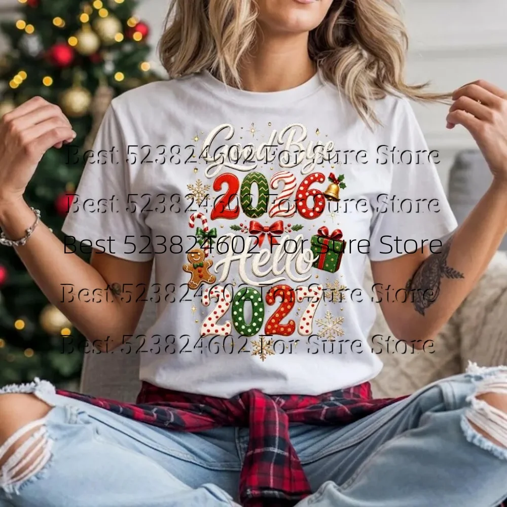 Hello 2027 Goodbye 2026 Graphic Tee Christmas Gingerbread Bell Snowflake Short Sleeve Tshirt New Year Celebration Casual Tops