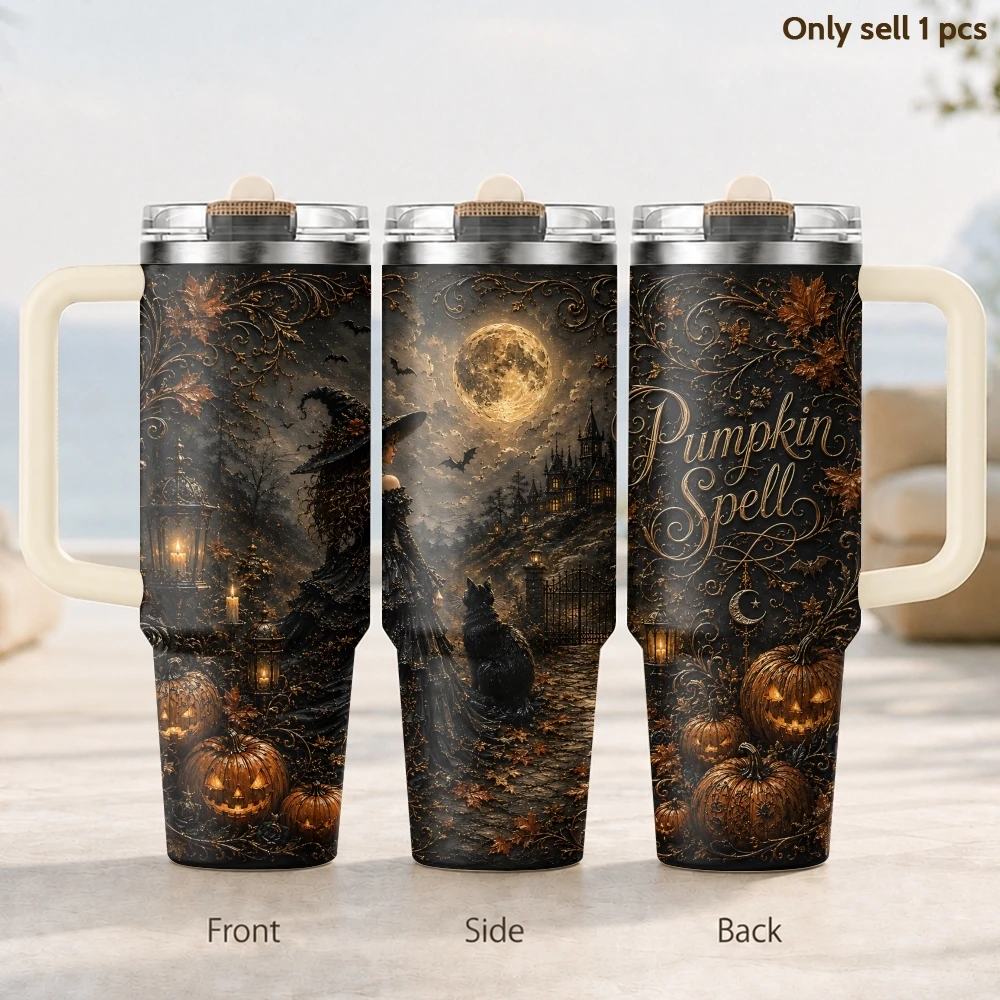 Witch Halloween Castle Pumpkin Vacuum Flasks 40oz Thermal Tumbler Handle Stainless Steel Insulated Water Portable Mug Cup