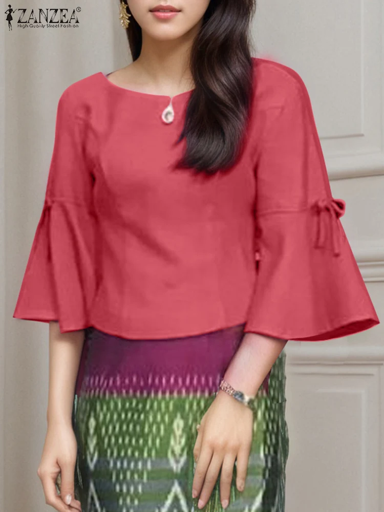 

ZANZEA Fashion Office Work Blouse Tops 2025 Women Casual Loose Bow Tunic Solid Color O Neck Flare Sleeve Casual Blusas