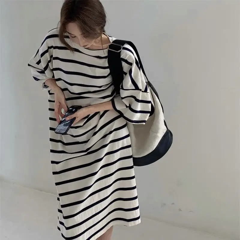 Summer New Black and White Stripe T Shirt Dress Short Sleeve Loose All-match Youth Dresses Trend Casual Fashion Women Clothing