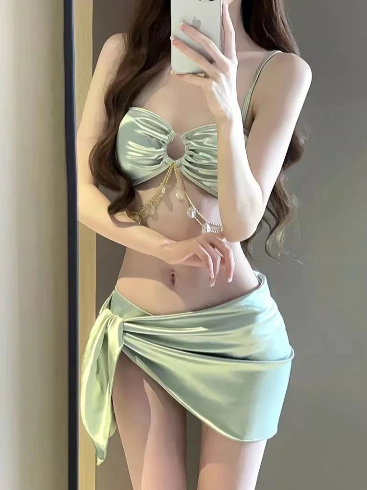 Women's Two Piece Swimsuit Mint Green Bikini Set Halter Tummy Control Bathing Suit Summer Beachwear Vacation Hot Spring Cover Up