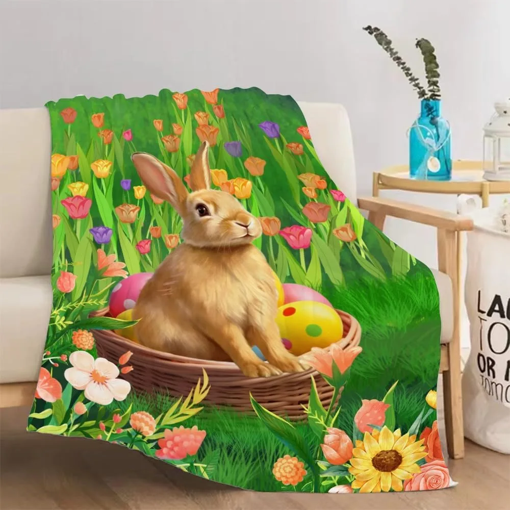 Happy Easter Throw Blanket Rabbit Bunny Eggs Hunt Blanket Spring Decorative for Couch Sofa Bed Bedroom Soft Plush Blankets