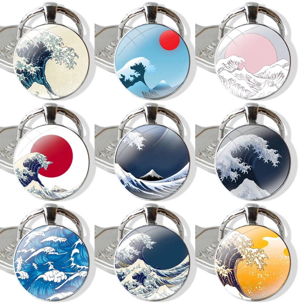 japan great wave off Kanegawa Fashion Funny Cartoon Creative Keychain Handmade Glass Cabochon Key Ring Holder Pendant Key Chains