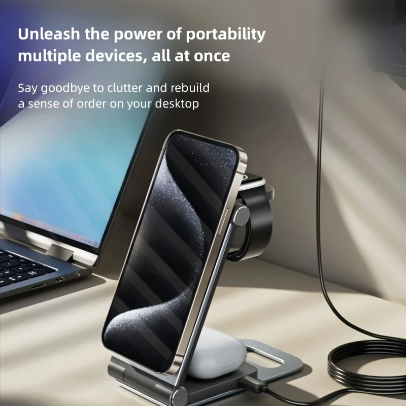 حامل سطح المكتب للشحن اللاسلكي 3 في 1 من سبائك الألومنيوم قابل للطي لهواتف Apple المغناطيسية وسماعات الأذن والساعات #6