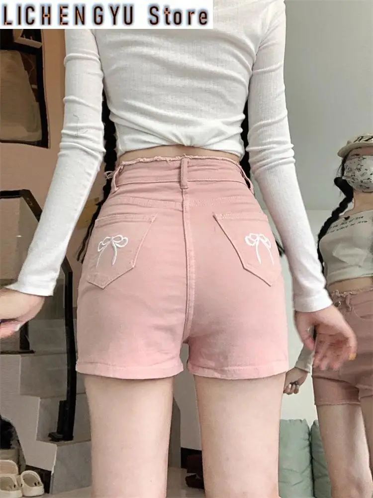 Women Bow Embroidery A-line High Waist Pink Denim Shorts Cool Girl Triangle Mini Trousers Female Wide Leg Summer Hot Pants