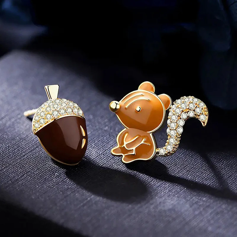 Huitan Cute Asymmetrical Squirrel Acorn Stud Earrings for Women Cubic Zirconia Enamel Animal Ear Stud Daily Party Jewelry Gift