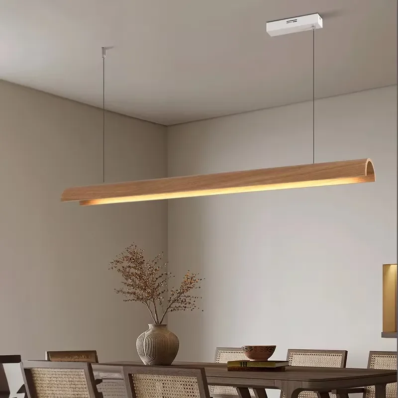 Minimalist Japanese Wabi-Sabi Mid-Century Style Restaurant Bar Counter Pendant Light Solid Wood LED Long Strip Light Front