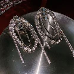 New Shiny Rhinestone Geometric Circle Earring for Women 2023 Long Drop Tassel Earrings Statement Large Party Jewelry Accessories
