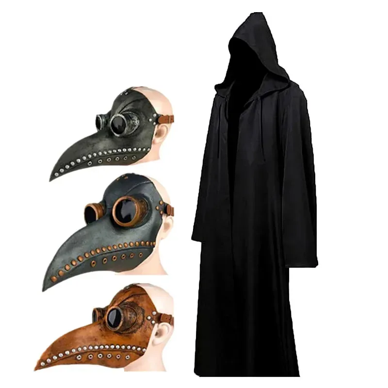

Halloween Cloak Plague Doctor Mask Cosplay Costume Sorcerer Long Shirt Hooded Black Robe Adult and Child Holiday Costume Set