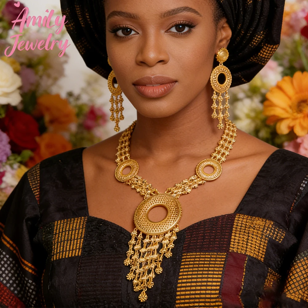 

African Round Drop Necklace Earring Luxury Lady Jewelry Set Earring Gold Color Necklace Set Dubai Jewelry Wedding Party Gift