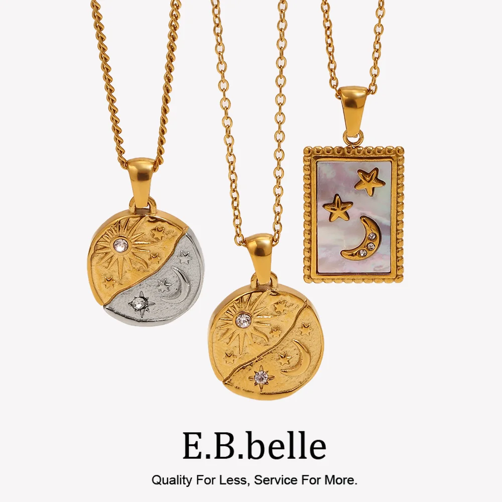 E.B.belle 18K Gold Plated Sun Moon Star Pendant Necklaces Stainless Steel Waterproof Necklace Fashion Retro Women Jewelry Gift