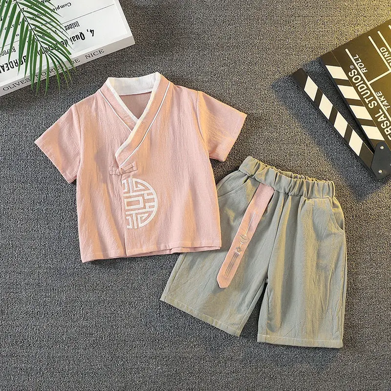 Hanfu Kinderkleding Pak Zomer Dunne Tops En Shorts Suits Chinese Stijl Jongens Tang Pak Katoen Linnen Kleding Suits