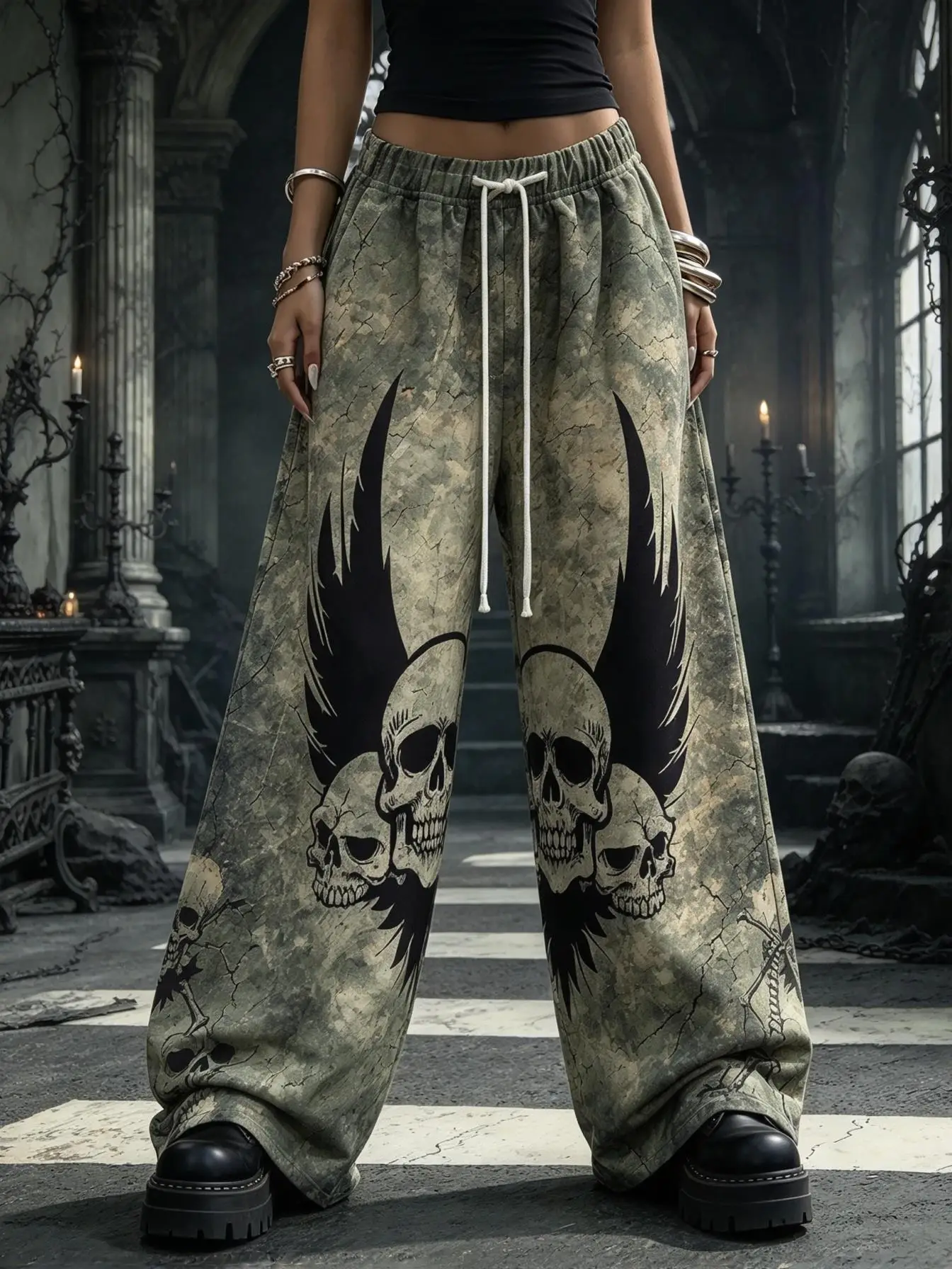 Women Low Waist Wide Leg Sweatpants Gothic Skull Cross Rose Clock Print Vintage Cracked Drawstring Casual Trousers