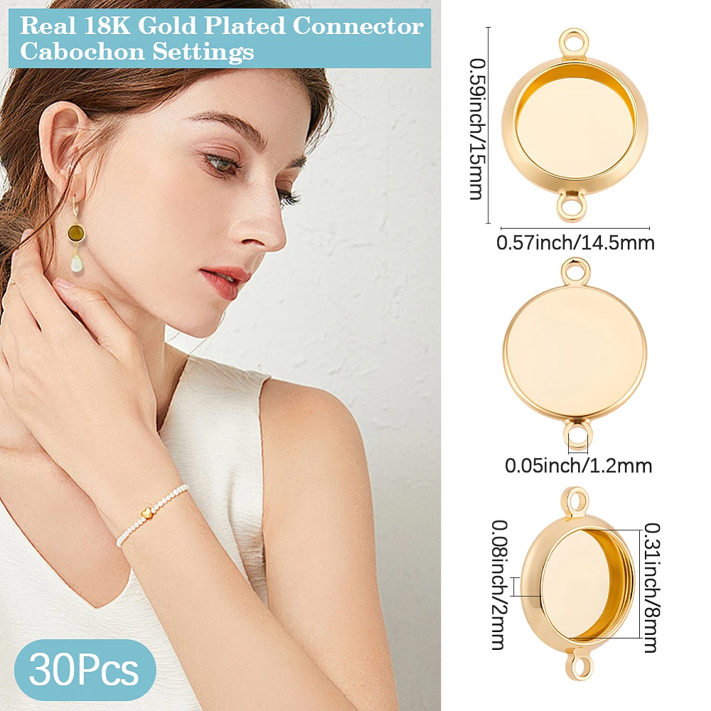 1 Box 30Pcs Connector Cabochon Settings 18K Gold Plated Brass Round Blank Bezel Pendant with Double Loops for Jewelry Making DIY